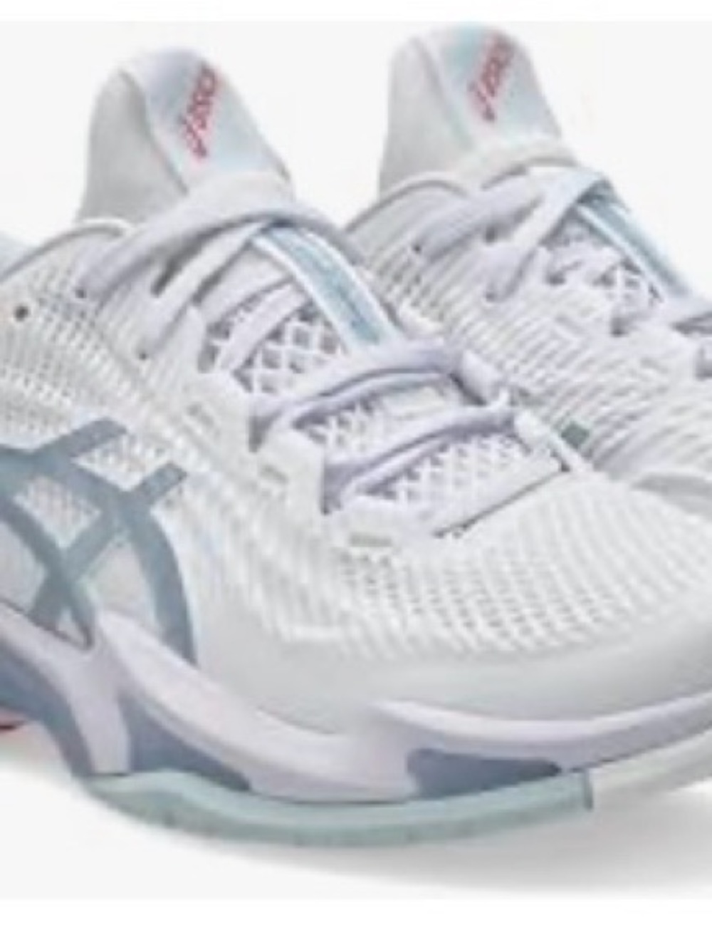 ASICS Women's White Running Sneakers with Light Blue Accents.